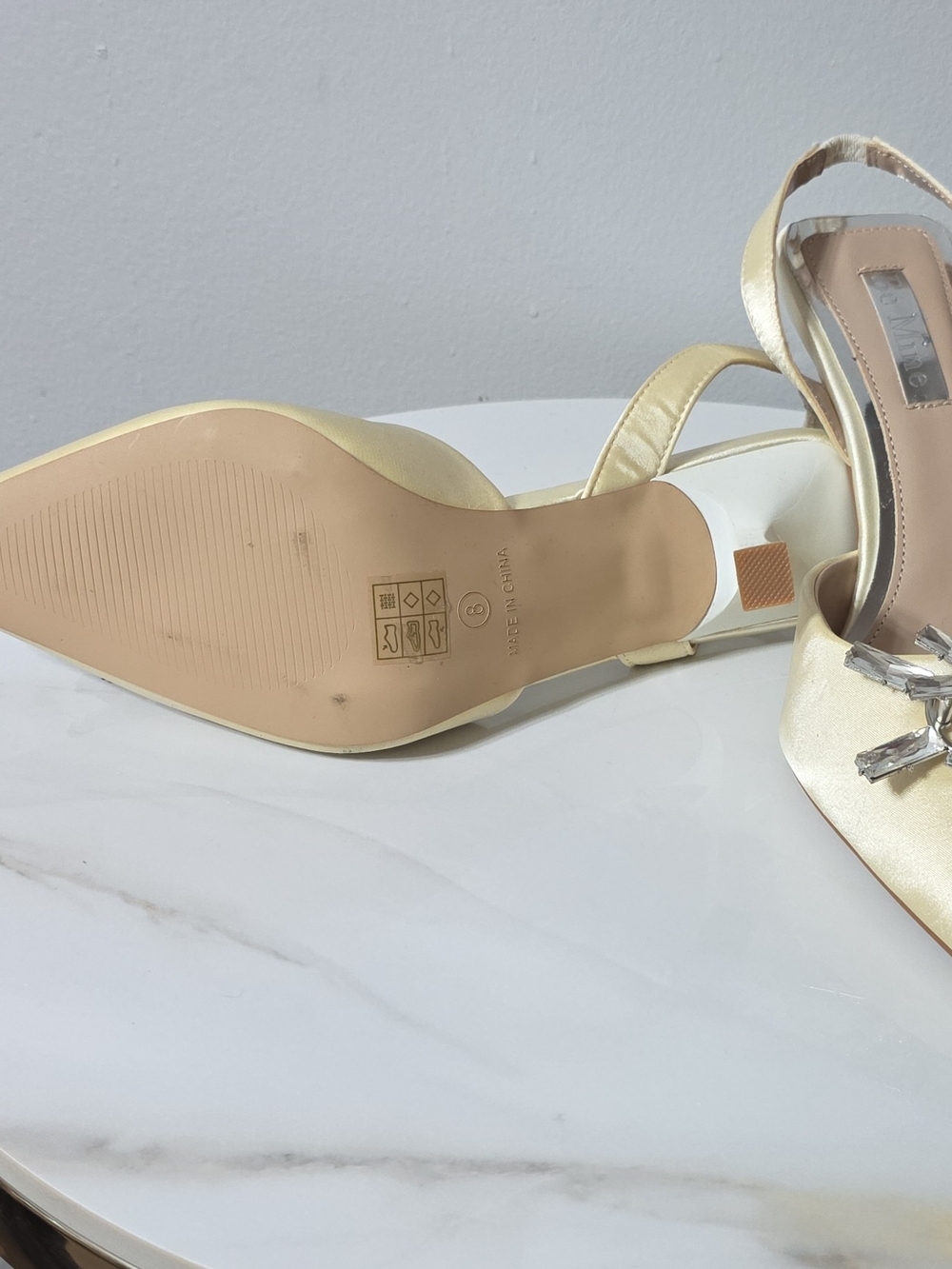 Elegant Cream Satin Slingback Heels with Jewel Accent